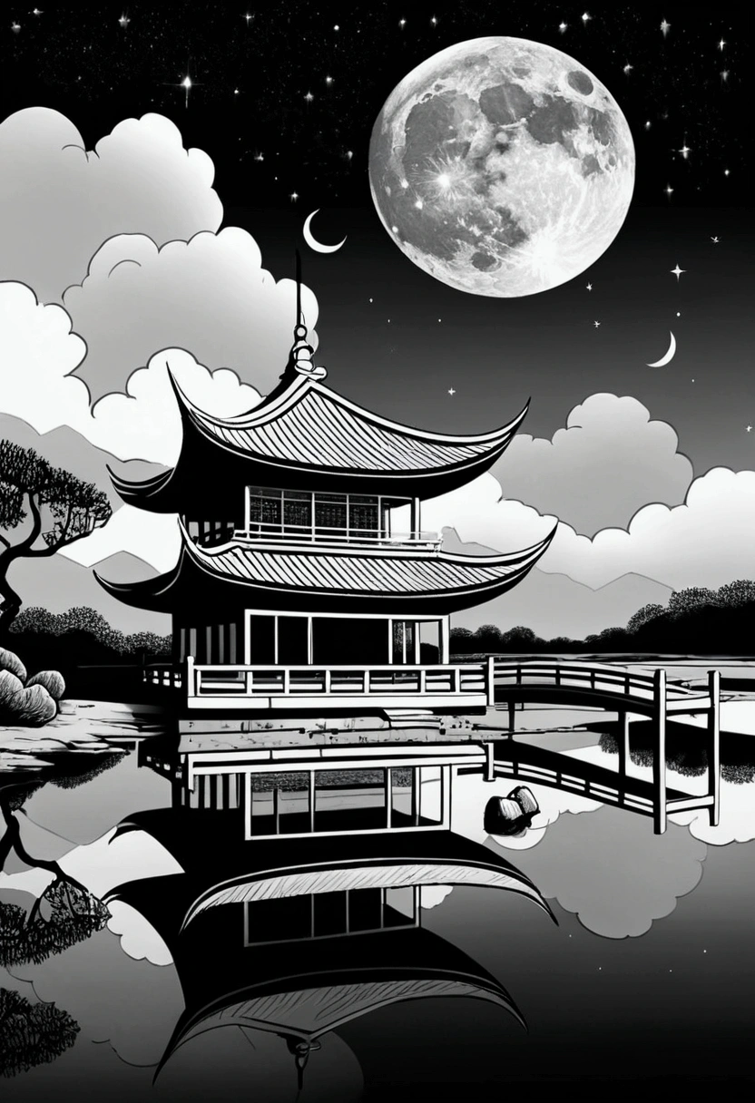 (work of art,real photography,simple composition:1.5,mountainscape,white cloud,crane,Straw Pavilion,floor, moon and stars,Popularity,Galaxy,natta,moonlight over the lotus pond,Beautiful artistic conception,realistic styling,Magnificent atmosphere. cartoon black and white, cartoon style, fundo de line drawing, white background, monochrome, line drawing, Coloring Sharp Thick Lines. kawaii, simple and low details, exclude noise, exclude colors, black and white