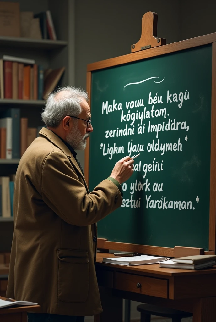 A professor writes a poem in Turkish on the blackboard
