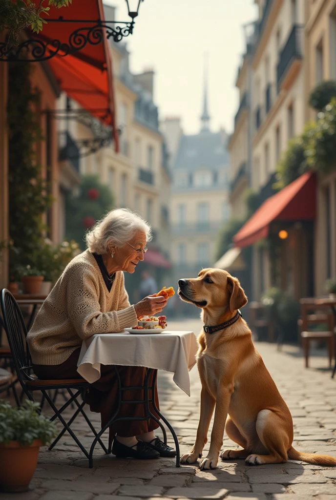 Dog eating with old woman in Paris