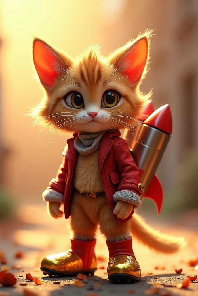 Puss with rockets on his back and with Messi's gold slippers on his paws In tender and beautiful version 


