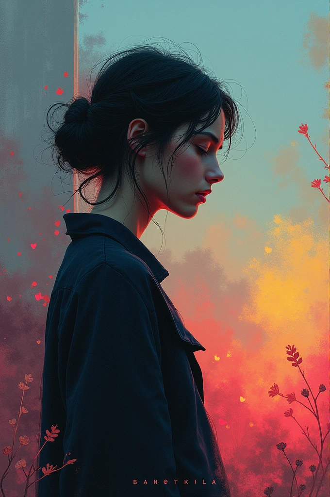 Can you create an album cover, I want it to be something melancholic and solitude And at the same time colorful and beautiful, it can be a woman sad, It can be an animation, a drawing, I don't want it to be realistic.