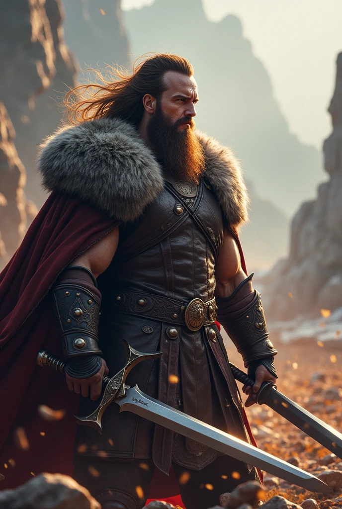 Jarl, One by one, defeated his traitors, His strength and determination being unstoppable.But make it less old and stronger with brown hair