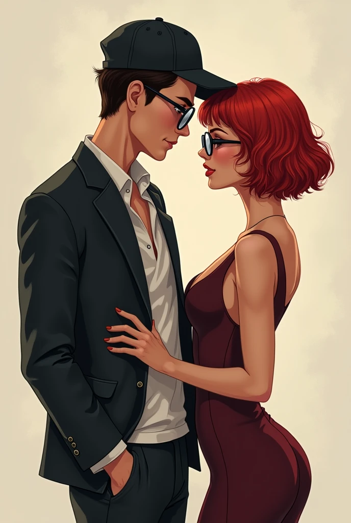 Create a couple, of a man with glasses and short hair wearing a cap and a very hot busty woman with glasses and short hair and red highlights also looking like Velma 