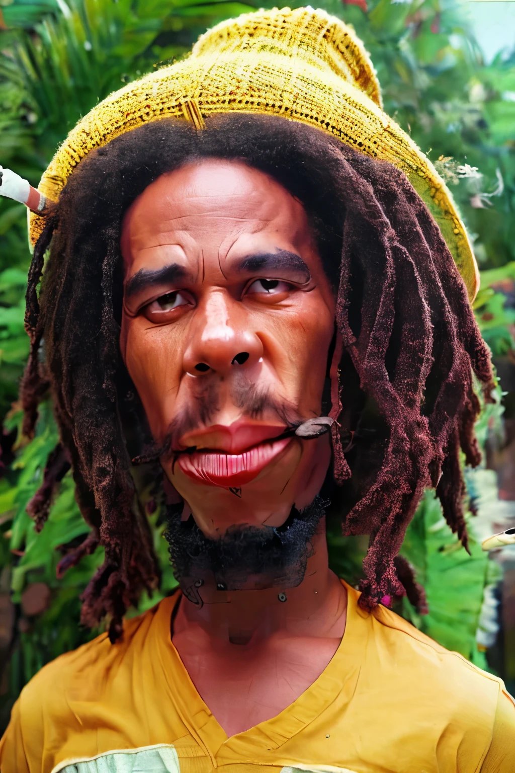 A (((caricature))) of a Bob Marley Rastafarian man ((smoking a white cigarette)) , beard, exaggerated features with a large nose and big Red eyes, happy, long and exaggerated dreadlocks, wearing a colorful beanie, relaxed and laid-back expression, smoke swirling around him in artistic patterns, vibrant and warm colors, tropical background with palm trees, cartoon style, highly detailed, chill and carefree tone, dynamic pose, expressive eyes, (masterpiece: 2), best quality, ultra highres, original, extremely detailed, perfect lighting. (( psychodelic weed background)).
