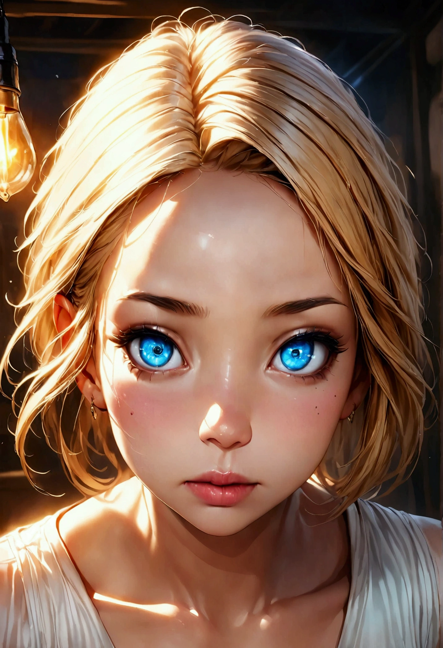 a surprised young female artist in a dimly lit studio, gasping as her pencil sketch of a handsome elf comes to life, magical golden light emanating from the sketchbook, photorealistic, highly detailed, hyper realistic, studio lighting, sharp focus, vibrant colors, dramatic lighting, digital art, fantasy, ethereal, mystical, whimsical, elegant, graceful, beautiful detailed eyes, beautiful detailed lips, extremely detailed face and features, long eyelashes