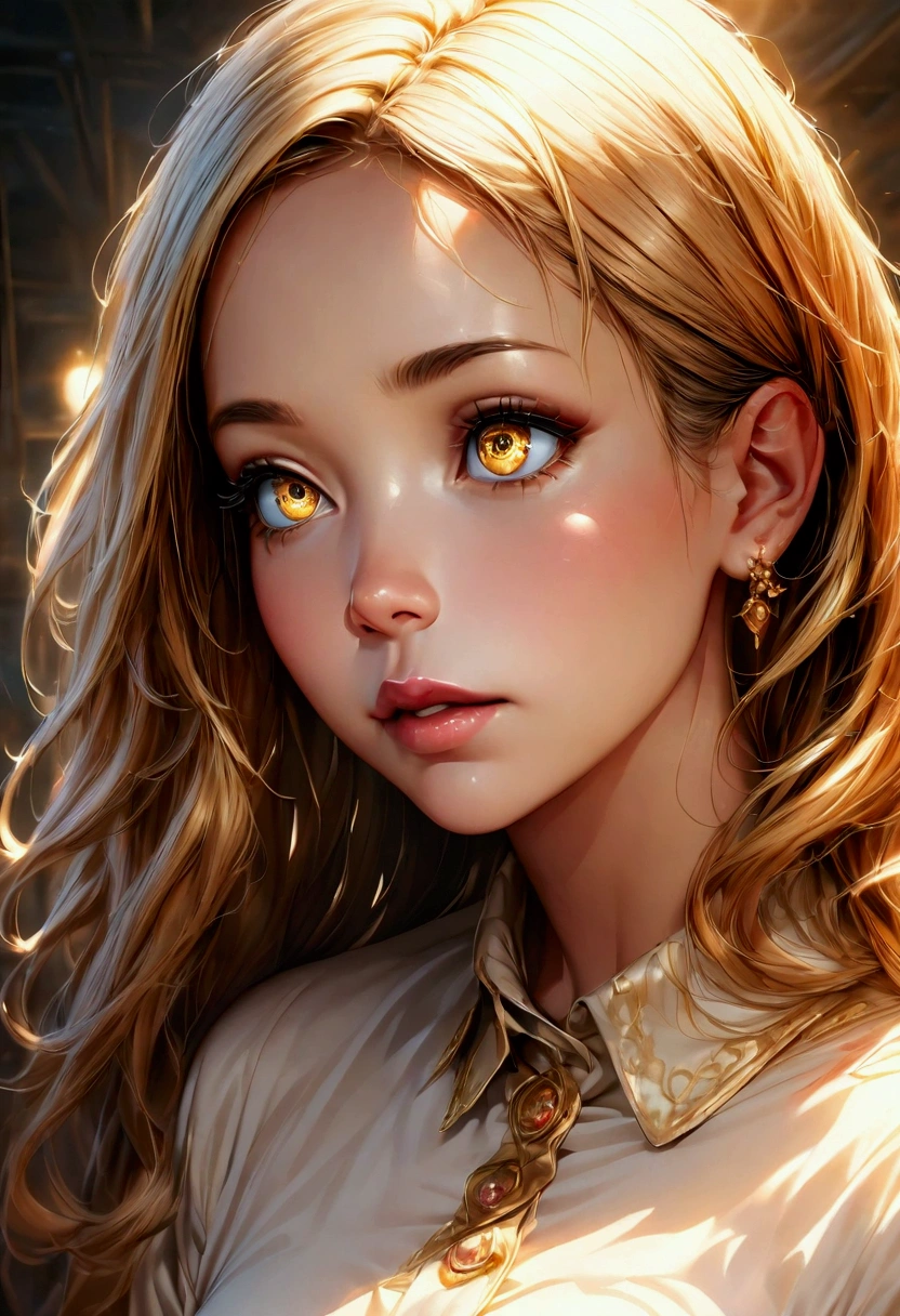 a surprised young female artist in a dimly lit studio, gasping as her pencil sketch of a handsome elf comes to life, magical golden light emanating from the sketchbook, photorealistic, highly detailed, hyper realistic, studio lighting, sharp focus, vibrant colors, dramatic lighting, digital art, fantasy, ethereal, mystical, whimsical, elegant, graceful, beautiful detailed eyes, beautiful detailed lips, extremely detailed face and features, long eyelashes