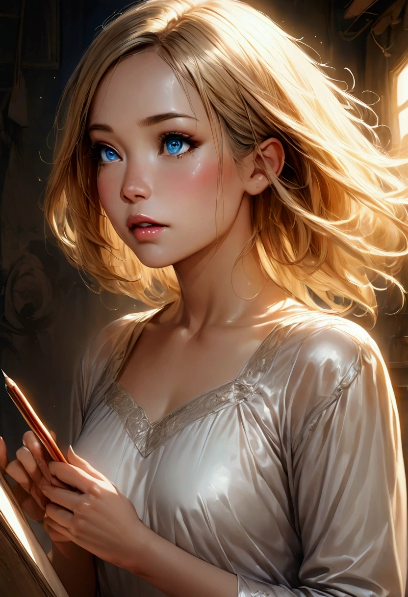 a surprised young female artist in a dimly lit studio, gasping as her pencil sketch of a handsome elf comes to life, magical golden light emanating from the sketchbook, photorealistic, highly detailed, hyper realistic, studio lighting, sharp focus, vibrant colors, dramatic lighting, digital art, fantasy, ethereal, mystical, whimsical, elegant, graceful, beautiful detailed eyes, beautiful detailed lips, extremely detailed face and features, long eyelashes