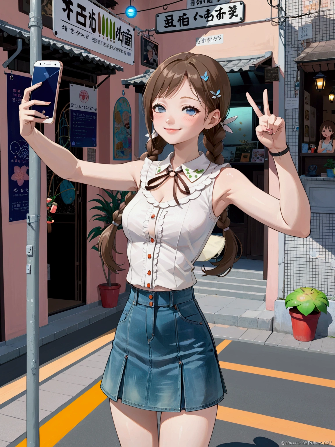 realistic anime illustration of pretty young damsel at Phuket old town, she is selfieing by her smartphone and making v-sign hands, smiling, she has a brown double braids (forehead), wearing beige sleeveless collared blouse, blue-gray denim pencil mini skirt, (1girl, solo, full body), (masterpiece, best quality, Japanese anime style), (expressive eyes, perfect face, perfect anatomy)