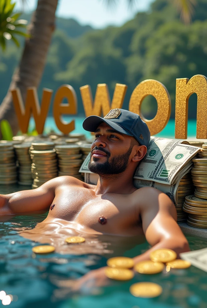 Image with the word a "WE WON" of Nayib Bukele, President of El Salvador with a cap, vacationing in a pool relaxing, Colombia beach and lots of money bills and bitcoin coins. Debe predominar en la imagen la palabra WE WON 