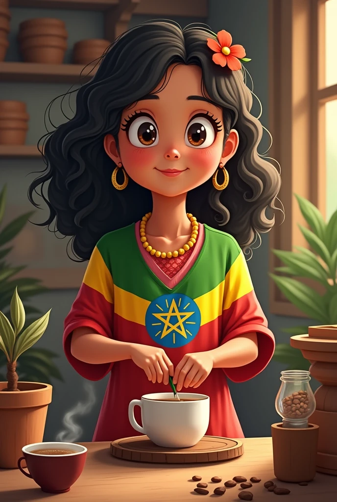 A ??? who is a girl wearing ethìopian flag making coffee.