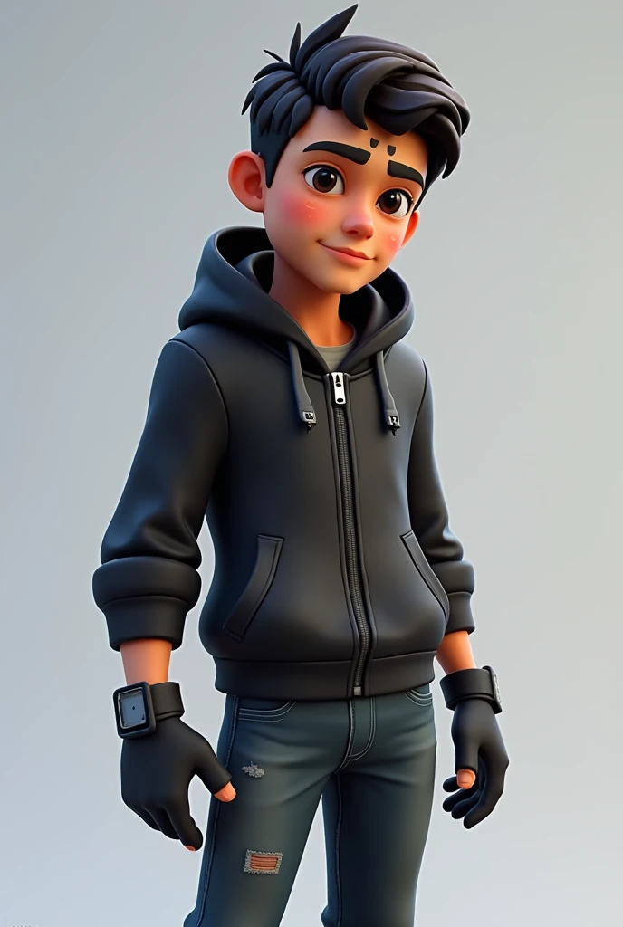 Fortnite skin, mexican boy, dark brown hair, brown eyes, birthmark between eyebrows, birthmark on right side of face, black jacket, jeans, black gloves, head facing on side,
