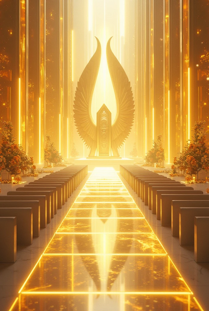 Straight path like transparent golden crystal, and at the end a large golden throne with rays and on each side of the road flowers, rose, buildings with Mo the golden transparent glass, war angels on the sides with lots of light