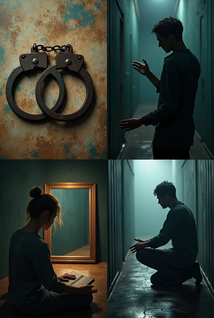 I would like a widescreen image divided into four parts: a pair of broken handcuffs / a person looking in the mirror / Bible / person on their knees