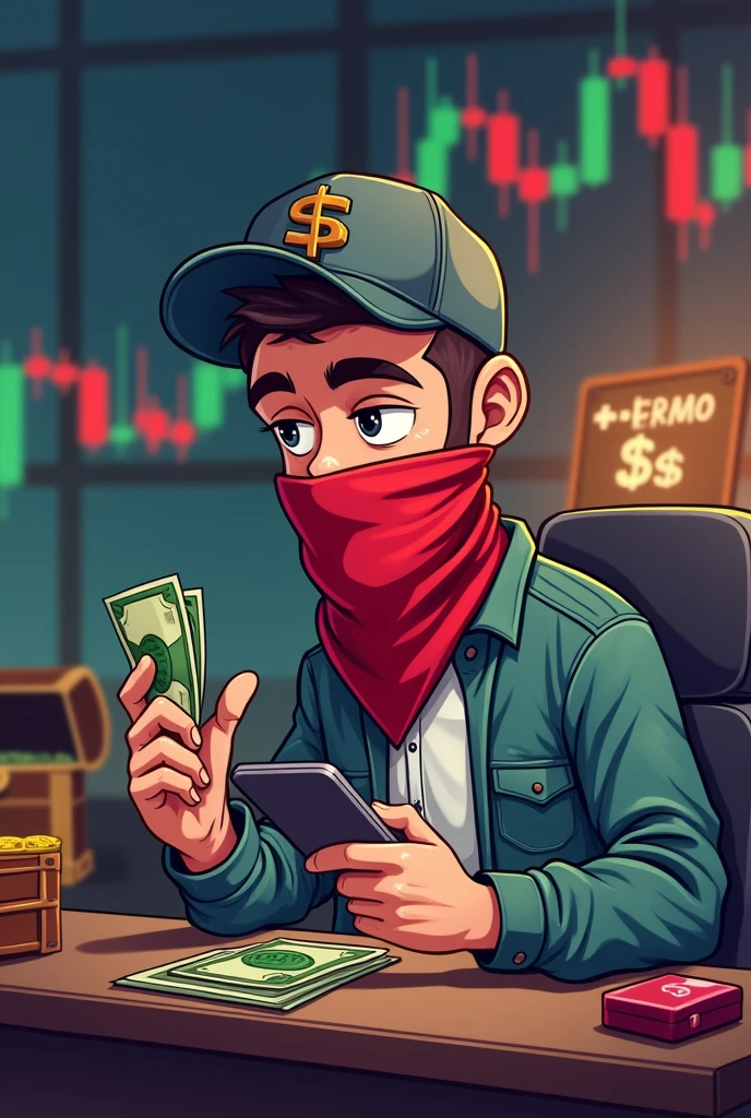 Create an image for trading. There is supposed to be a man in the picture. One wears a cap and a red bandana in his right hand. Should he wear a wonderful money. In the left hand should look at his mobile phone. In the picture you should see a treasure in the background on the chart there should be red and green candles and behind it there should be +1500 $ Stand, and the whole thing is supposed to be cartoon-like, he is supposed to have a bandana on where you can&#39;t see him 