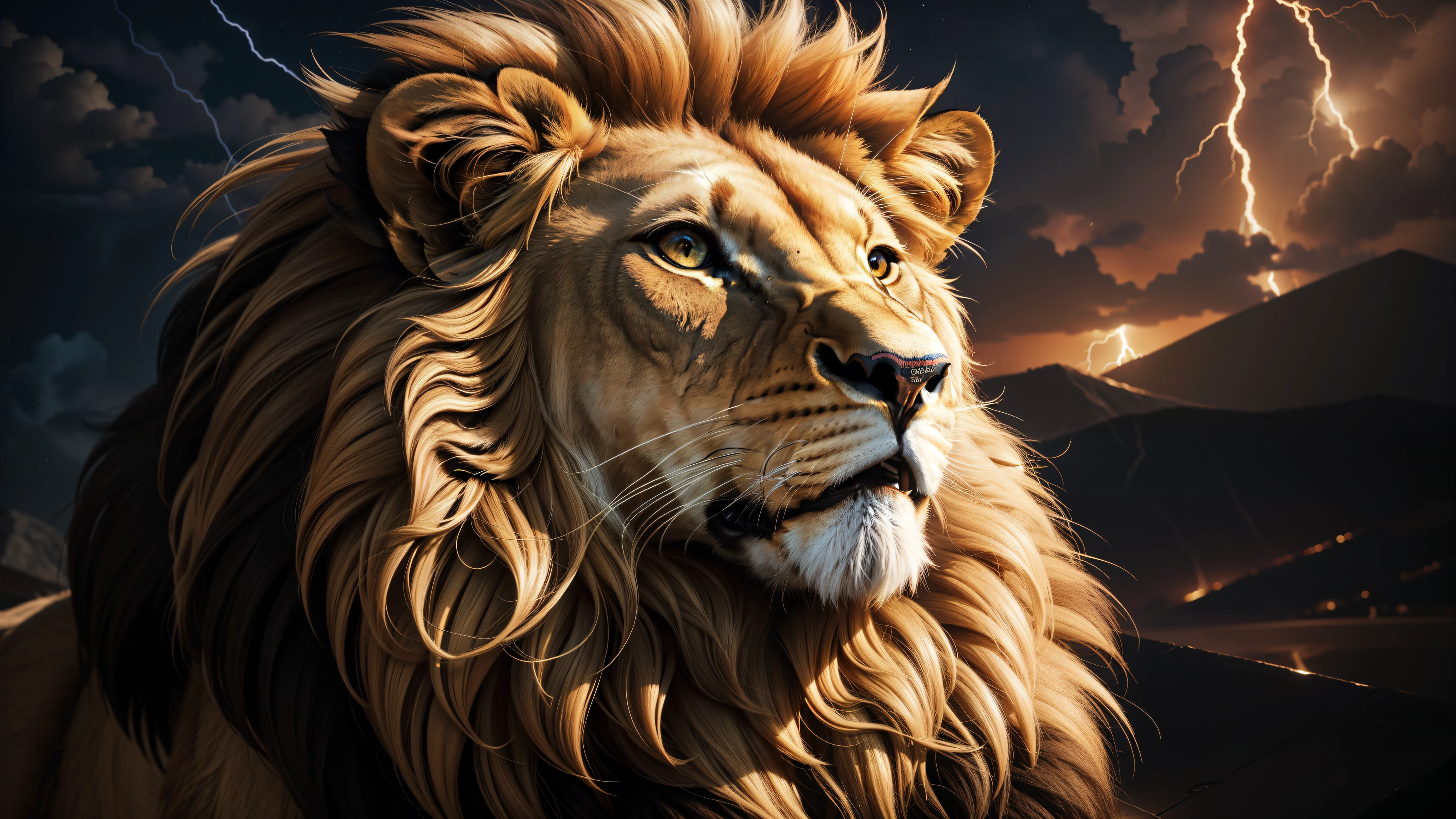 Lion, Divine Lion, majestic, comely, fire, villany,  thunder, Sky thunder, stele, photorrealistic 6K, UltraHD Detailed, detailed colors 8k, Lion Elegante, floor, stele, lightning strikes, heavens, céu Godlike, tempest, Towards the heavens, heavenly, Godlike, photorrealistic, Rendering, 4K, 8k, detailed textures, detailed shadows, padoru, detailed colors, God&#39;s Heaven, UltraHD 16K Details, Photorealistic textures 16K, detailed sharpness 16K, detailed sharpness, detailed colors, realistic shadows, Ultra realistic textures, High power, Natural Beauty, natural colors, realistic contrast, Photorealistic textures, detailed colors, lifelike colors, detailed shadows, fire, villany mightosa, flames, Fire Bolt, Fotorrealism Lion, Majestic Lion, photorrealistic UltraHD 4K, Texturasdetalhadas photorrealistics 8k, might, ferocious, bruta, Great Power, Realistic Sky, luminous face, villany, Detailed face 4k, ultra detaild, contraste realista de 8k, detailed sharpness, cores Ultra HD, chic,