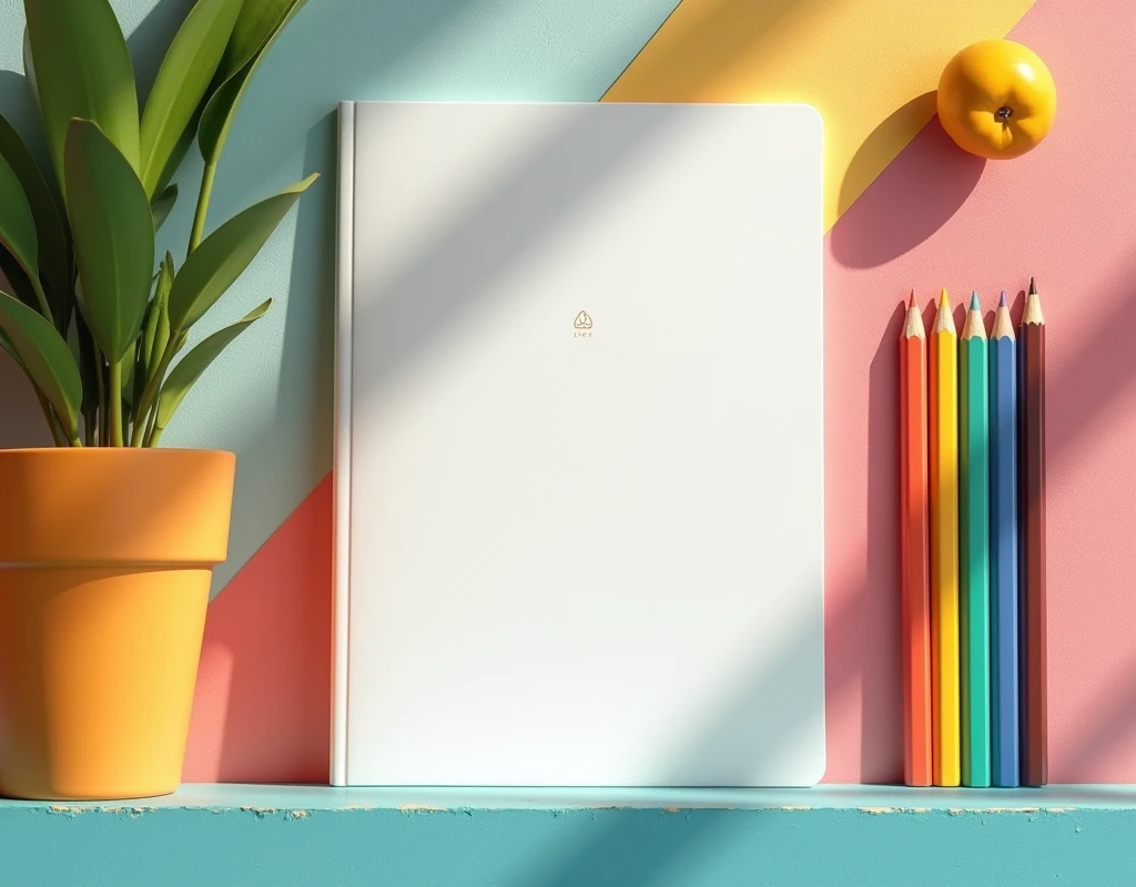 a flat lay with one blank white 8.5x8.5 inch square hardcover journals with smooth matte finishes. They are placed on a colorful table with pencils and very colors, set in a vibrant French interior with a spring color tone and vibe. The scene is illuminated by warm, creating a cheerful and lively atmosphere.
