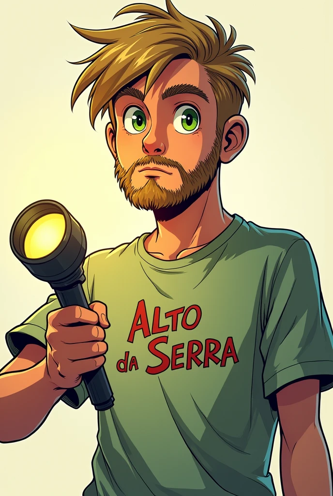 20 year old college man with short blond beard, green-eyed man wearing a summer camp t-shirt that says Alto da Serra with an expression of inquiry and a flashlight in his hand, the image in the form of dc comics art, imagem sem fundo