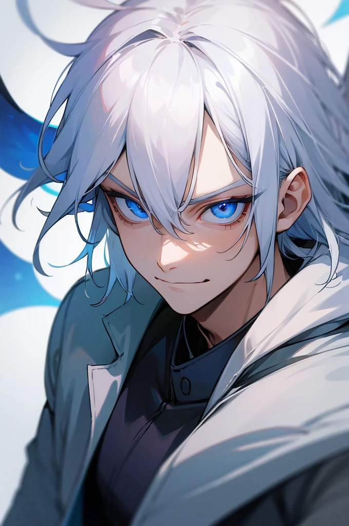 man, Korean, young, white hair, blue eyes, thin face, evil smile with a serious look