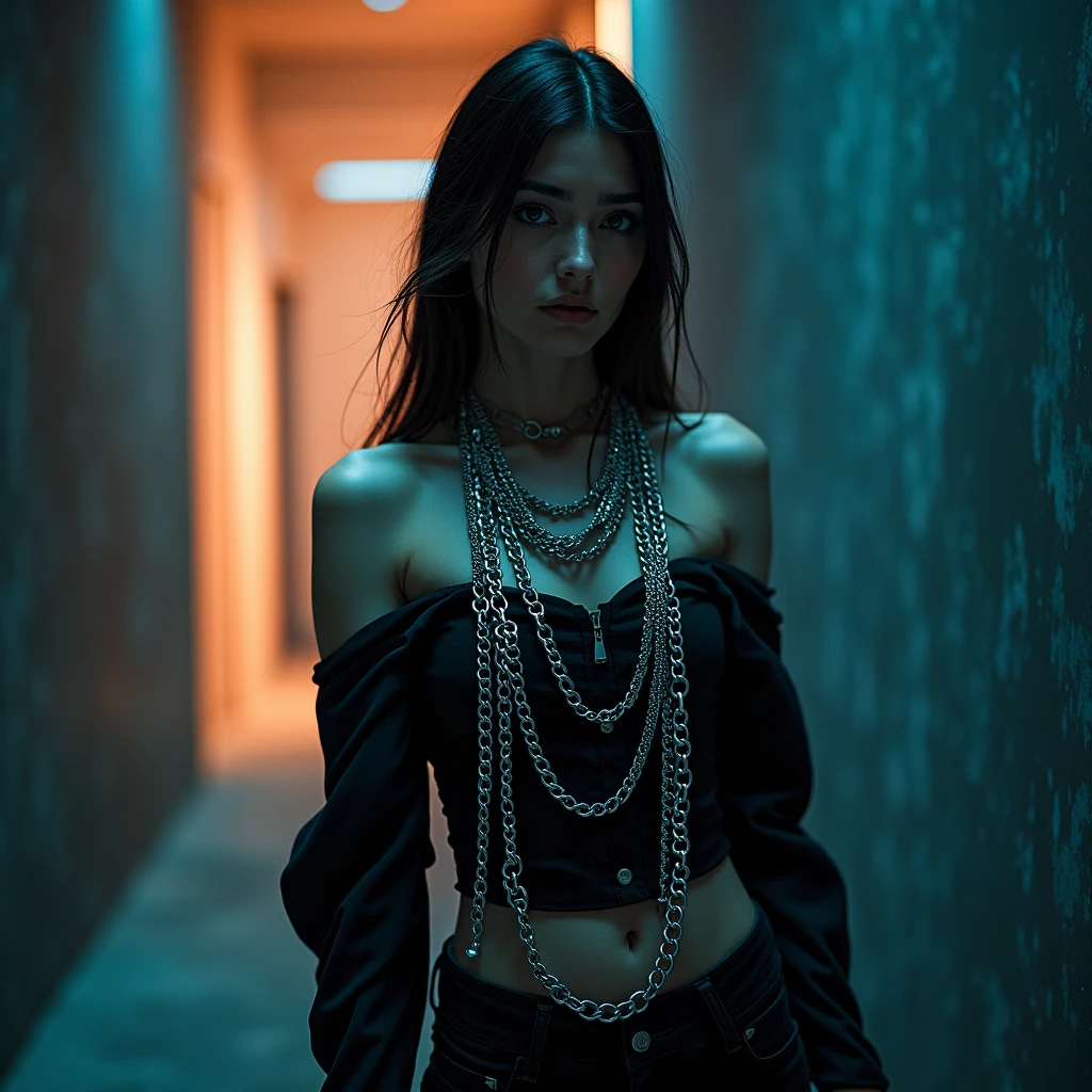 Chains, as a fashion element, appear in clothing. Using fashion photography techniques to capture the application and trends of chains in the fashion industry. Beautiful cinematic lighting, surreal, color graded, dynamic movement, captivating chiaroscuro, full body, award-winning, cinematic still, emotional, vignette, dynamic, vivid, (masterpiece, best quality, photorealistic, Professional, perfect composition, very aesthetic, absurdres, ultra-detailed, intricate details:1.3)