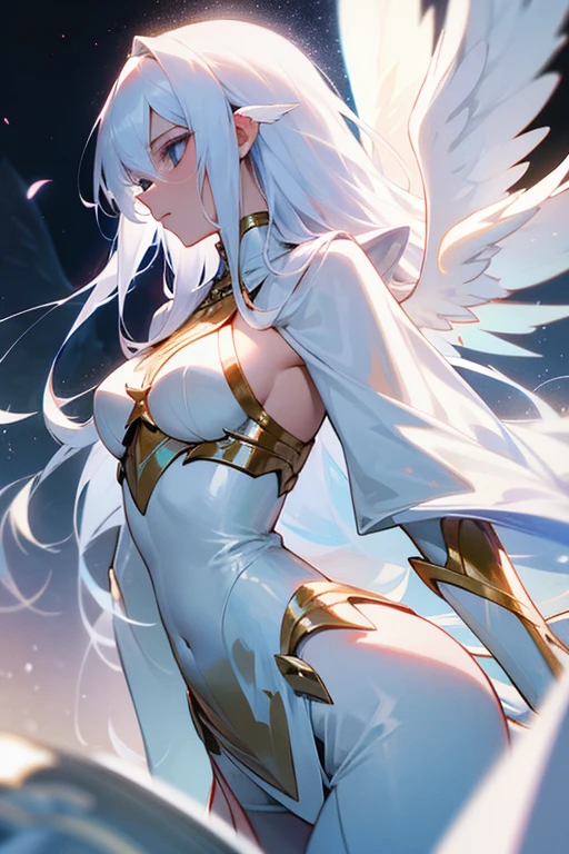 tall woman, skin fair, long white hair, ángel wings, paladin's armor, holding large sword with hands, golden eyes with a cross in their iris, intimidating presence, field of battle