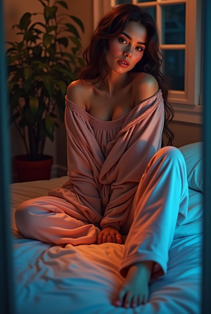(photorealism:1.2), beautiful woman, sitting on bed, wearing loose off-shoulder top, pajama pants, long curly hair, indoors, soft lighting, plants in background, window with sunlight, cozy room, relaxed pose, realistic, intricate details, warm colors, by Greg Rutkowski, by Alphonse Mucha