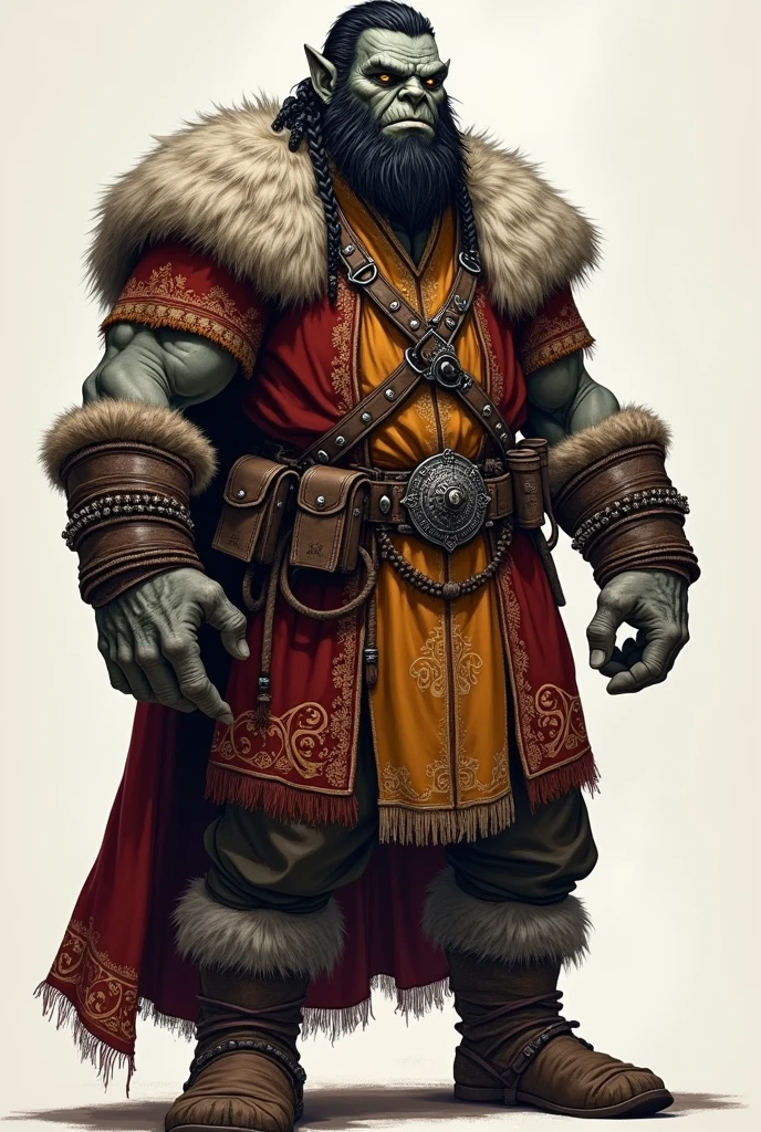 Imagine a medieval orc standing tall and imposing, with a rugged aura that commands attention. His skin is a weathered grey, marked by the trials of countless battles and the harsh elements. His long, black hair is braided into intricate patterns, each braid adorned with small metal rings and beads that jingle softly with his movements. His beard, a short and bristly goatee without a mustache, adds a touch of grizzled ferocity to his appearance.

He is dressed in traditional Russian clothing from the middle ages, a striking contrast to his orcish features. His garment is a richly embroidered kaftan, its deep, earthy tones and intricate patterns reflecting the skilled craftsmanship of the time. The kaftan is cinched at the waist with a wide, ornate belt, which supports a small array of practical tools and weaponry. Over his shoulders, he wears a fur-lined cloak that drapes regally, its edges trimmed with intricate patterns that echo the designs of his kaftan.

His boots are sturdy and practical, made from thick leather and adorned with metal accents that give them a formidable edge. Despite the traditional attire, his presence exudes a raw, untamed power, blending the cultural heritage of his clothing with the primal strength of his orcish nature.