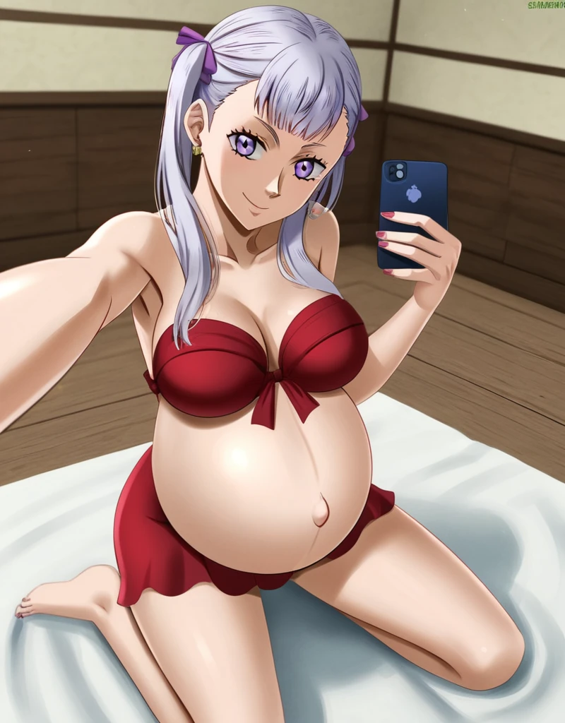 noelle_blackclover, Noelle Silva, Black Clover, long silver hair, waist-length hair, half-up half-down hairstyle, ribbon, side-parted bangs, almond-shaped blue eyes, high-quality, ultra-detailed, beast quality, 8K resolution,
looking at viewer, dutch angle, cowboy shot, smile, pregnant belly, large belly, big belly, big Breasts, belly button, Earrings,
1girl,solo, indoors, spa, happy, Smiling, rub belly, Posing as a model,
full body, Nail polish, Selfie