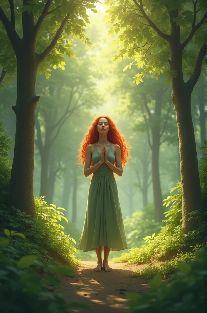 Image of a woman with red hair in the middle of nature doing Breathwork techniques. This woman is thanking the lungs of the world.