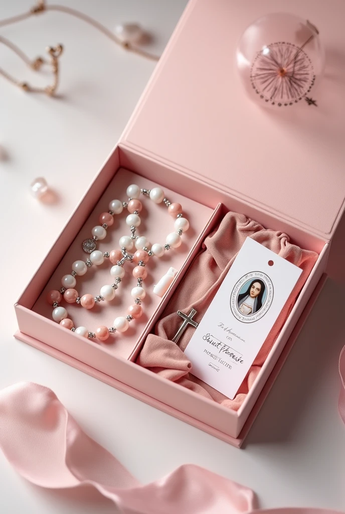 Create an image of my store's launch product. The product is a "box" of third, where the theme is Saint Therese and we use the colors pink and white, but without becoming . The design should be elegant and delicate and showcase everything that comes in the beautiful box.: the rosary with pink and white natural stones, a pocket book that will be a guide to the rosary, a bookmark of Saint Therese and the velvet bag that will be used to store the rosary and preserve it.