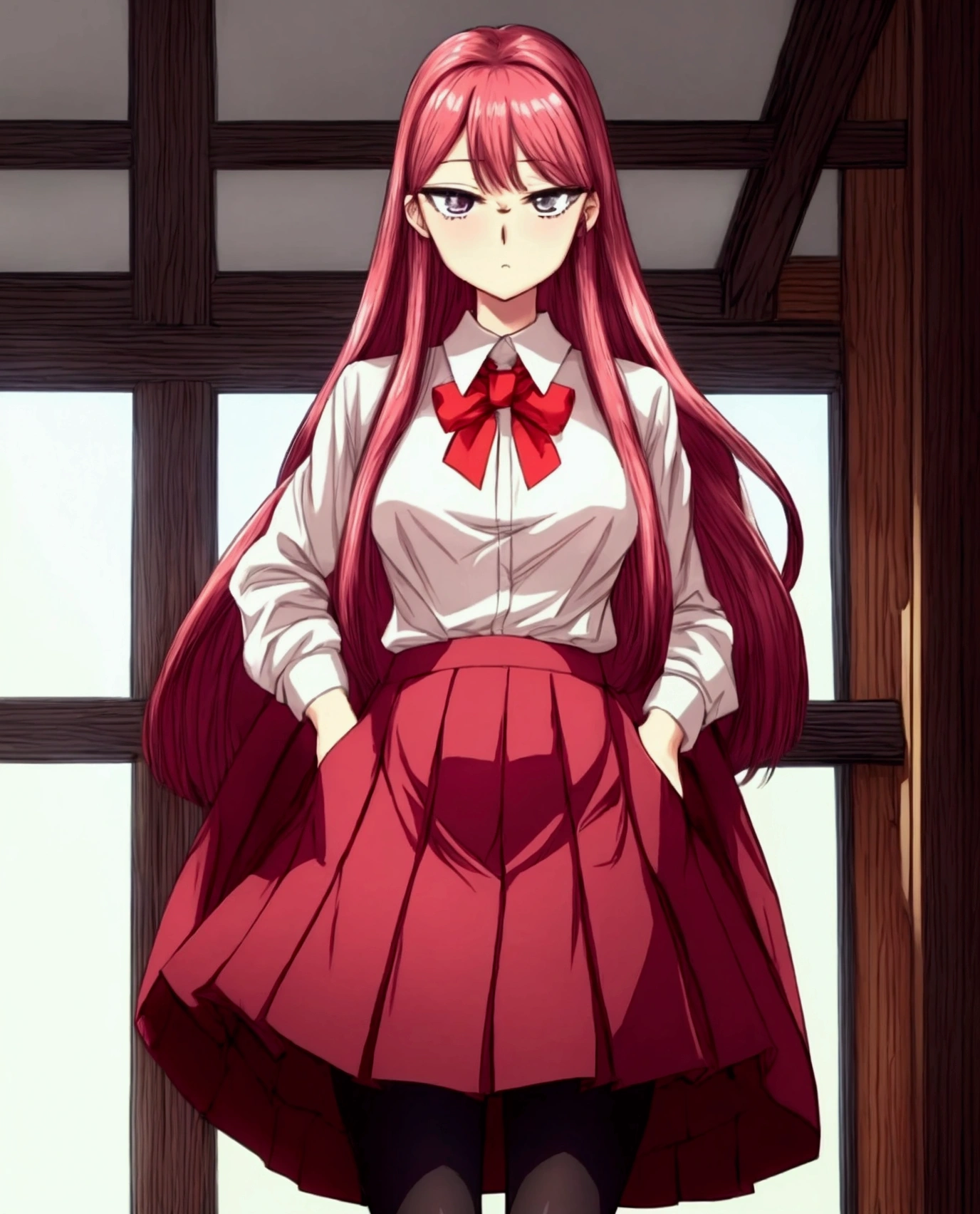 masterpiece),(Highest_quality), 超High resolution, 4K,Very detailed, 8k, High resolution, (Vibrant_color:) (beautiful_face) (masterpiece, top quality, Highest quality, beautiful and aesthetic), Very detailed, komi shouko, Komi-san, masterpiece, Highest quality, One girl, View your viewers, pantyhose, classroom, school uniform, Red Skirt, Red Bow, blazer, window, 1 person standing, alone, Huge breasts, Emotionless, stare, Yandere, alone, Wide Hips, , 紫colorの髪, Iris, White shirt, takeda hiromitsu style, Styled hair, 少し不気味な笑face