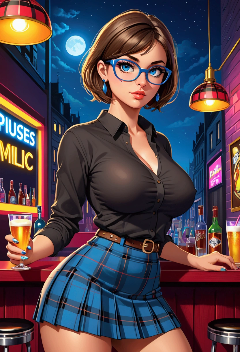 20 years old woman, Short brown hair, Méditerranéenne aux blue eye, Generous and heavy breasts, slender waist, estomac defini, fesses rebondies et pulpeuses, naturally curved, muscular thighs, aguicheuse, on a night-club , plaid pleated mini skirt and blouse, lunettes , earrings, blue eye, talons