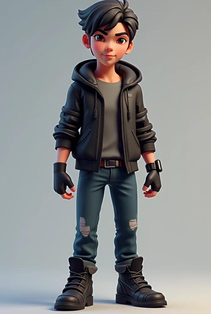 Fortnite skin, mexican boy, dark brown hair, brown eyes, birthmark between eyebrows, birthmark on right side of face, black jacket, jeans, black gloves, head facing on side,