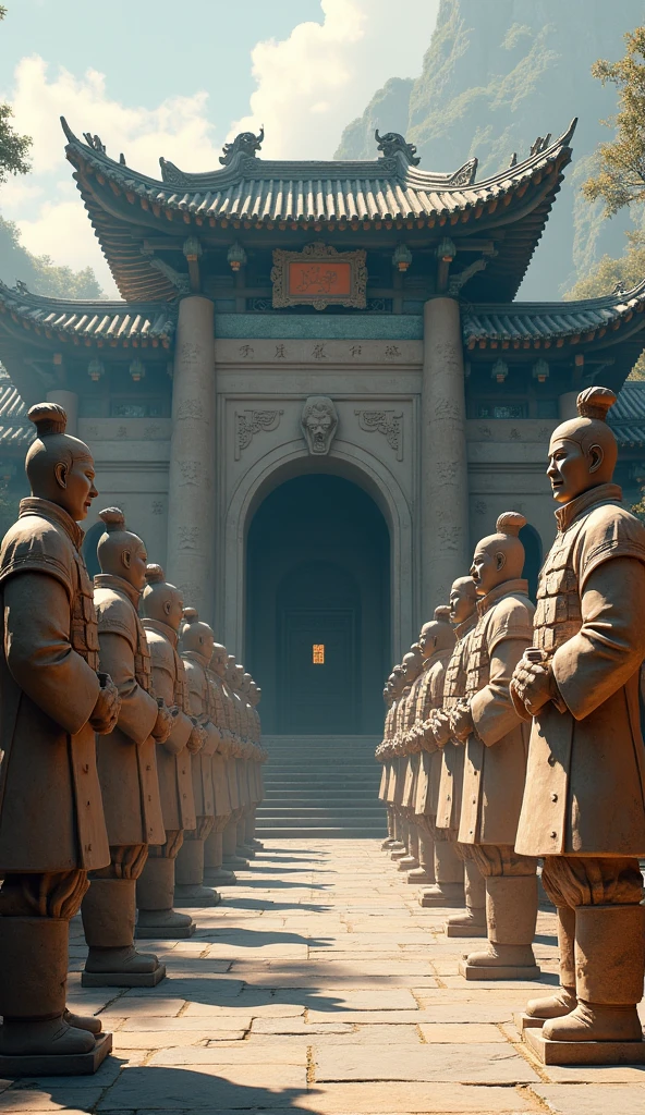 Majestic tomb entrance guarded by towering clay soldiers, historical Chinese architecture, UHD, realistic shadows.