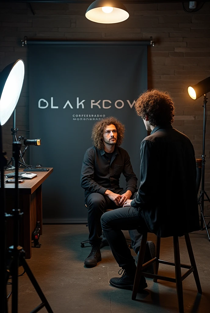 Photographic studio with 1 messy medium curly hair man doing a photoshoot to a mans client. studios name is blackcrow in blackletter font