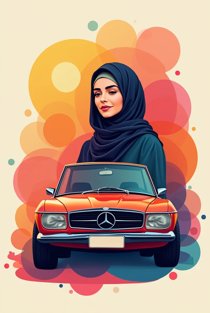 Create a foto a green car and hijab woman make it logo and simpler make it more colourful 