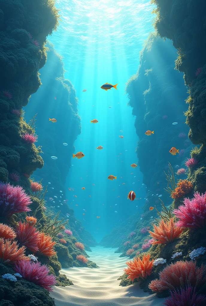 detailed description of an "underwater sea", highlighting the various underwater living things that inhabit this unique ecosystem.