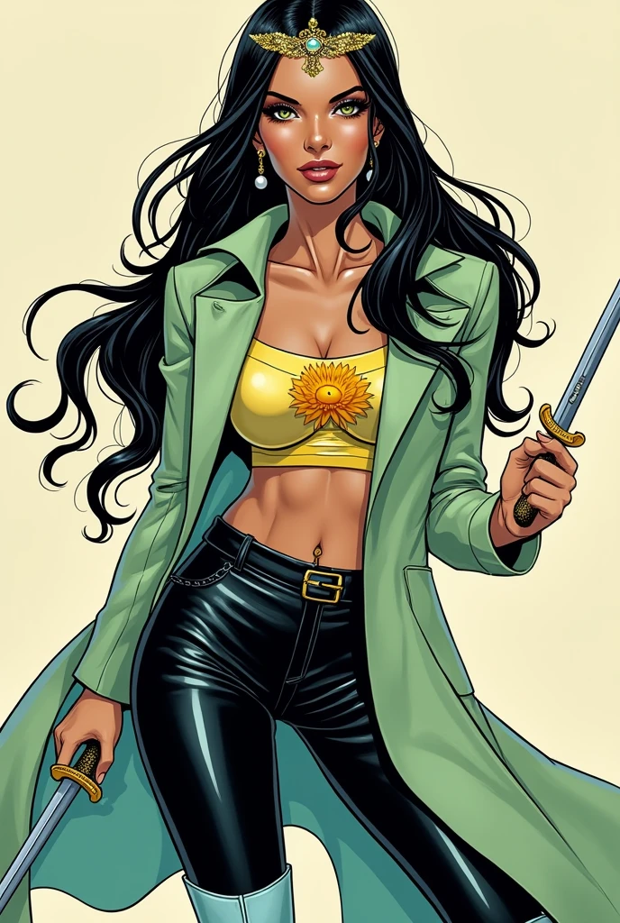 in the Human Comics style create a character, in the Human Comics style create a character, Jess is a girl with long black hair with golden highlights. She wears a tiara on her head and has light green eyes and a radiant smile, she radiates an aura of extreme beauty. She wears a light green coat with a yellow flower design, with a blouse underneath and a cleavage on her breasts, she wears long light blue boots with a pointed toe, leather pants with small chains around them and long pearl earrings. She holds two small daggers in her hands