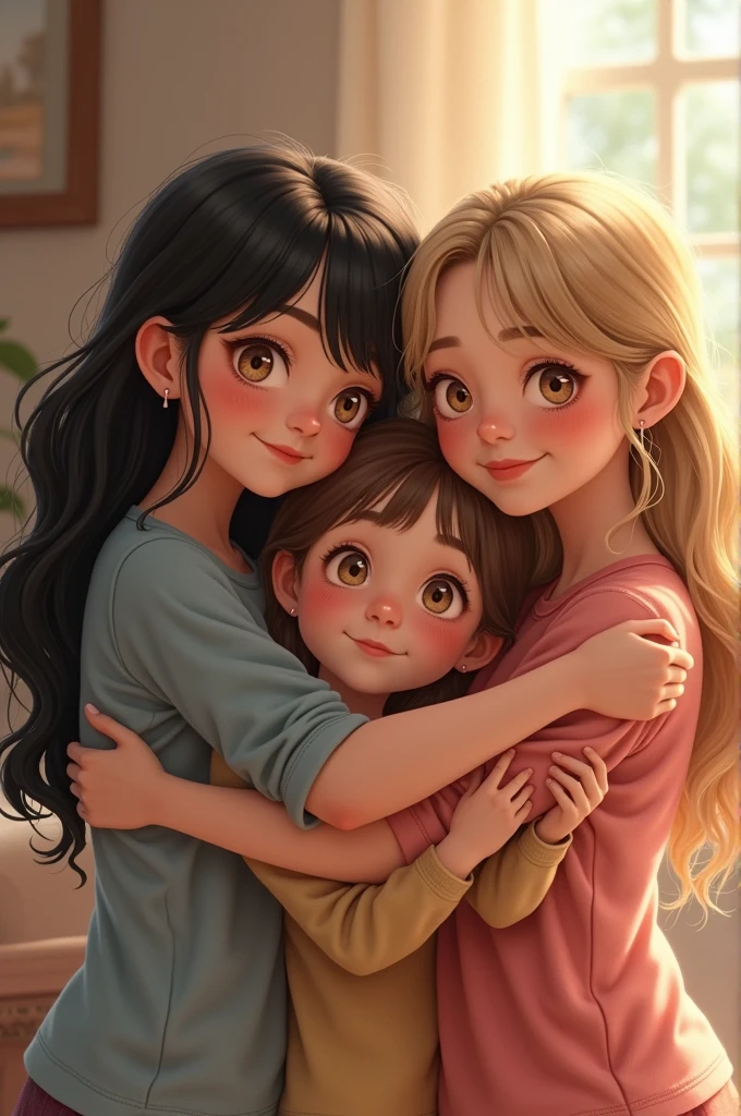 Create an image of three human sisters when they were in childhood with black, blonde and brown hair hugging each other