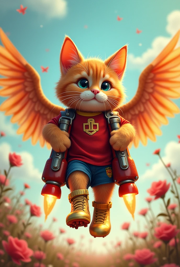 Puss with rockets on his back and with Messi's gold slippers on his paws In tender and beautiful version y con alas de terodactilo