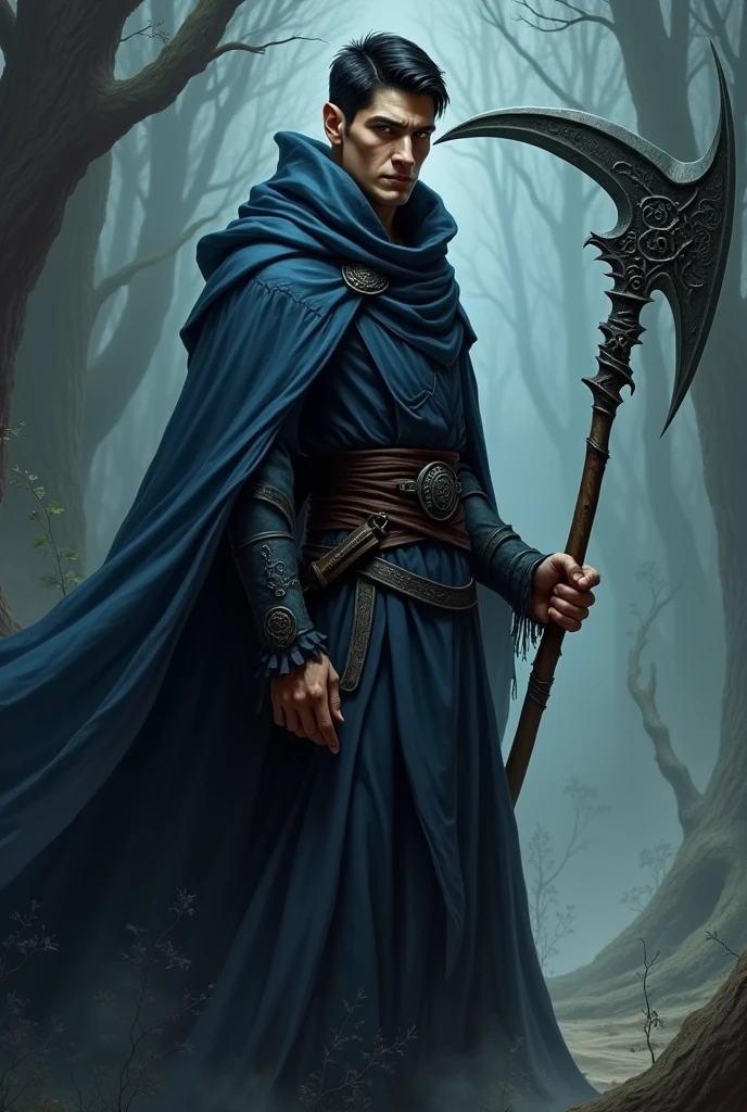 A half-elf man with short black hair, dark blue tunic with a scythe