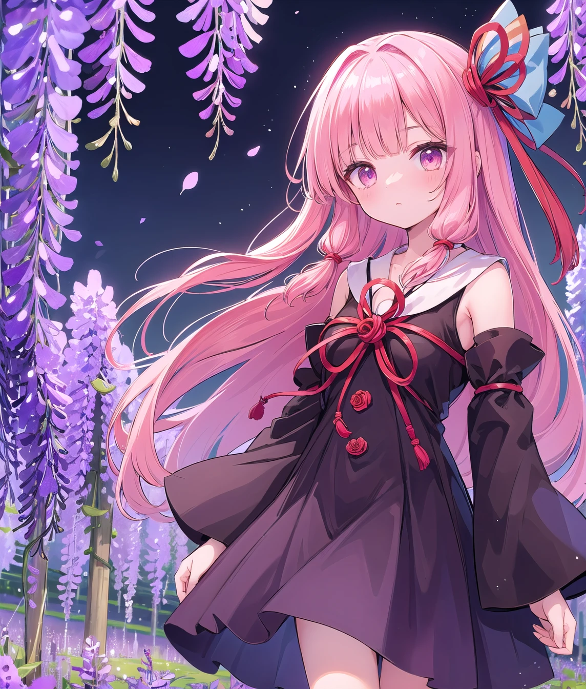 (masterpiece, Highest quality:1.2), One personで, One person, Kotonoha Akane,((hair ribbon;1.2)),Perfect composition,(((field of wisteria flowers:1.2))),outdoors:1.2,Hair ribbon paper, Detailed Hair,Black Dress, Removable sleeves, Wide sleeves, Exposing shoulders,Pink Hair,