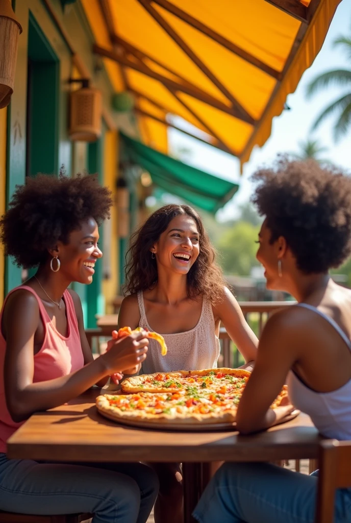 African woman accompanied by Asian woman and accompanied by American woman eating pizza in Brazil