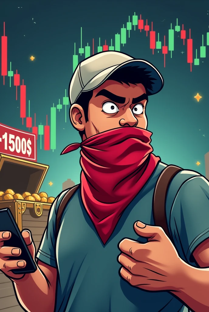 Create an image for trading. There is supposed to be a man in the picture. One wears a cap and a red bandana in his right hand. Should he wear a wonderful money. In the left hand should look at his mobile phone. In the picture you should see a treasure in the background on the chart there should be red and green candles and behind it there should be +1500 $ Stand, and the whole thing is supposed to be cartoon-like, he is supposed to have a bandana on where you can&#39;t see him, the guy is supposed to look aggressive