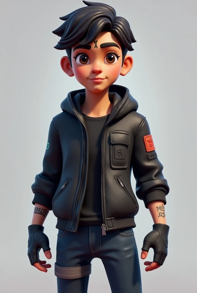 Fortnite skin, mexican boy, dark brown hair, brown eyes, birthmark between eyebrows, birthmark on right side of face, black jacket, jeans, black gloves, head facing on side,