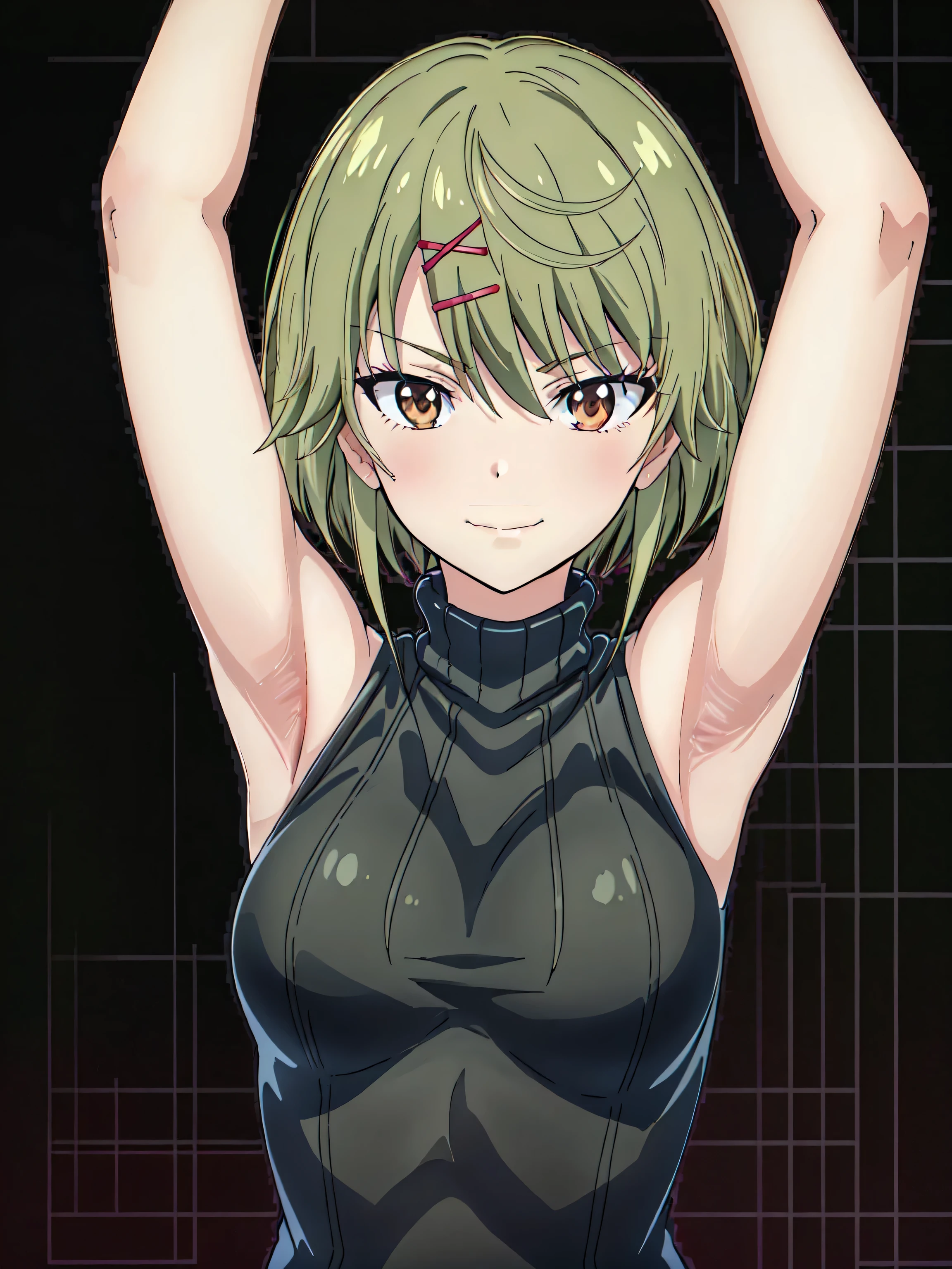 Manabe, (green hair, medium hair, hair ribbon, x hairclip:1.2), (brown eyes, shining brown eyes:1.3), medium breasts, sweater, (ribbed sweater, ribbed:1.2), turtleneck, turtleneck sweater, (black sweater:1.1), sleeveless sweater, 1girl, solo, anime screencap, frontlighting, (simple background, black background, dark background:1.3), masterpiece, absurdres, hdr, soft light, best quality, detailed, highres, shiny skin, shiny hair, (looking at viewer, eye contact with viewer:1.5), smile, smug, (closed mouth:1.2), arms up, raised arms, armpits, in the center, symmetrical, upright,