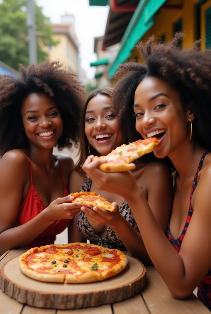 African woman accompanied by Asian woman accompanied by American eating pizza Brazil