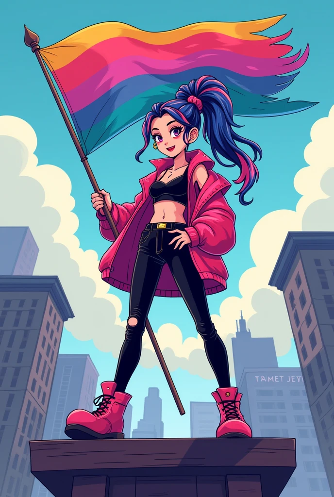 create a full body one the hair is long and tied up the color blue and pink highlights it is an emo outfit it is a pink sauto she will use red makeup it is a black look (create it in a cartoon style) she is on top of a building and she is holding a pansexual flag 