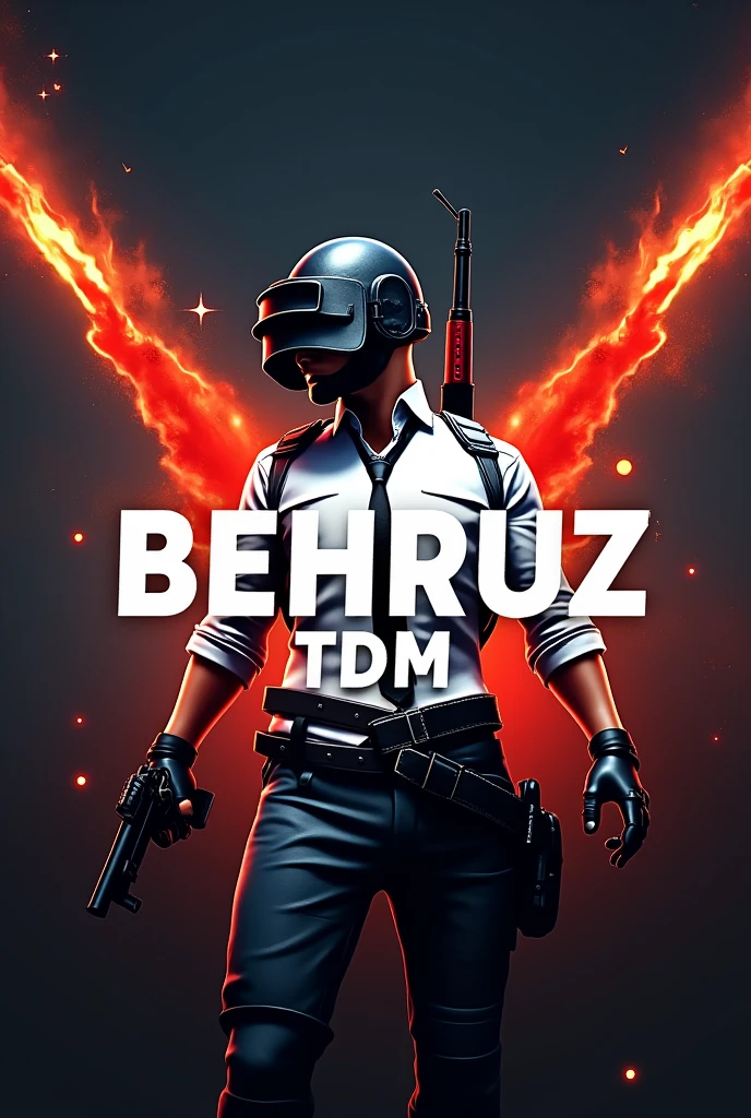 You need an avatar for a YouTube channel. Behruz tdm should be written in big letters in bold font in the foreground. In the background, let there be a pubg mobile player holding a gun, or a background with two guns intersecting
