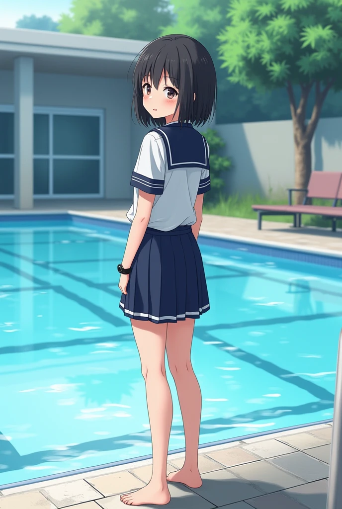 Standing by the empty school pool、middle School girls、Black short hair、Summer uniform、Shaved pussy、barefoot、cute、smile、Full body portrait