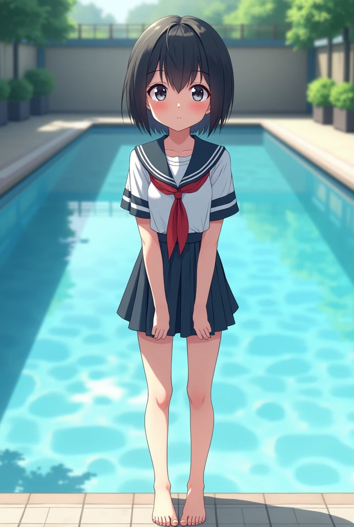 Standing by the empty school pool、middle School girls、Black short hair、Summer uniform、Shaved pussy、barefoot、cute、smile、Full body portrait
